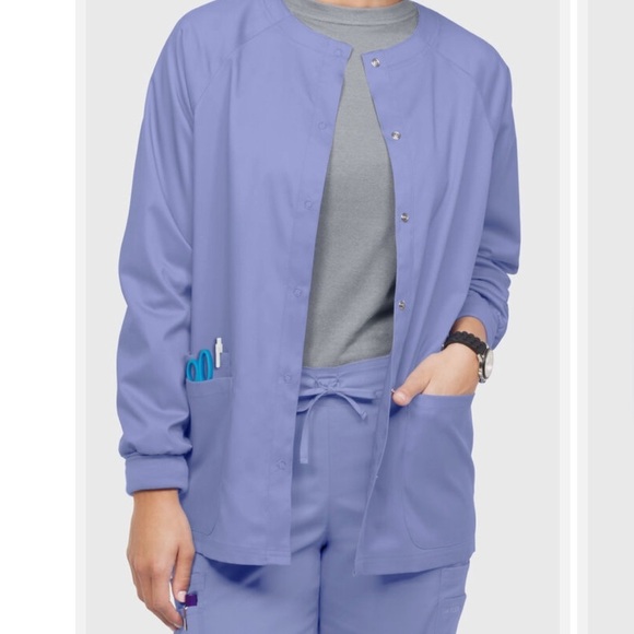 UA FLEX2 WOMEN'S 3-POCKET LONG SLEEVE STRETCH SCRUB JACKET Ceil Blue Size Small - Picture 3 of 7